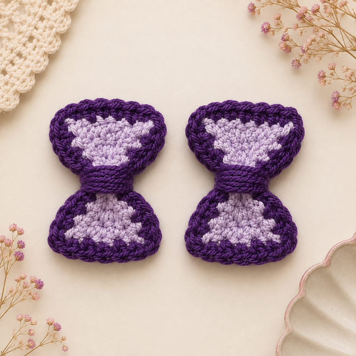 Purple & Lavender Crochet Bow Hair Clips – Set of 2