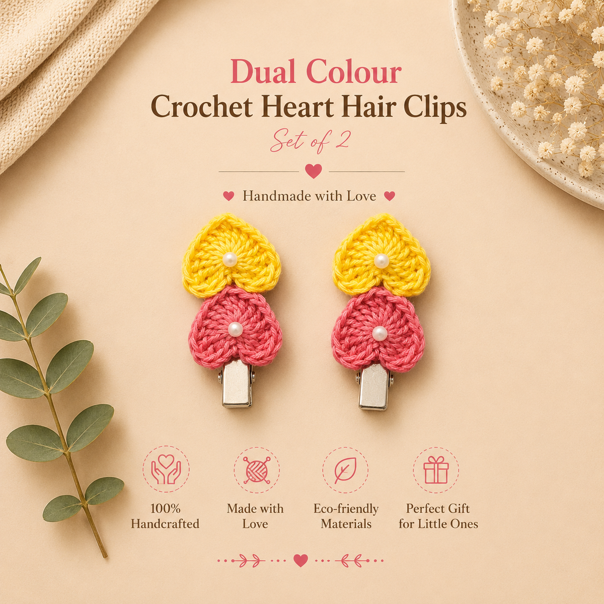 Dual Colour Crochet Heart Hair Clips – Set of 2