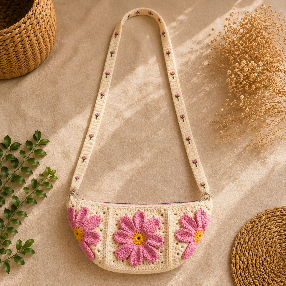 Pink Daisy Crochet Sling Bag