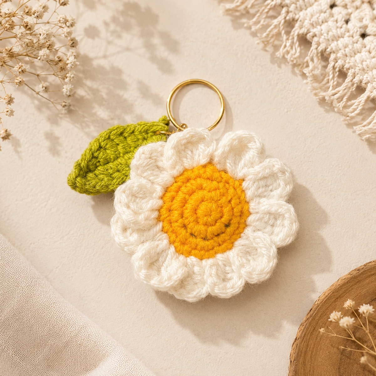Handmade Crochet Daisy Keychain